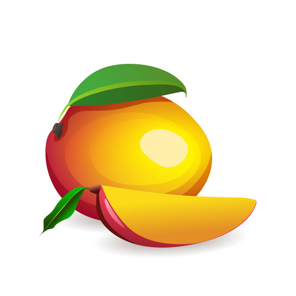 Beyaz arka planda yaprak yalıtılmış olgun mango. Tatlı egzotik meyve, düz bir şekilde vektör çizimi. - Vektör, Görsel