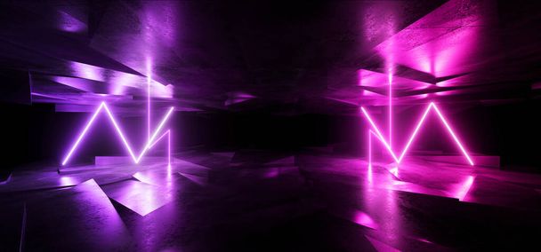 Abstract Sci Fi Neon Futuristische Synth Cyber Virtual Glow Purple Blue Lights Dance Stage Night Underground Tunnel Corridor Concrete Grunge Reflecterende Laser Achtergrond 3D weergave Illustratie - Foto, afbeelding