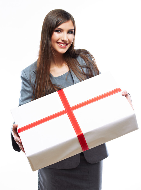 Business woman hold gift box - 写真・画像