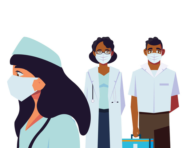 medici di sesso femminile e maschile con maschere uniformi e kit di progettazione vettoriale
 - Vettoriali, immagini
