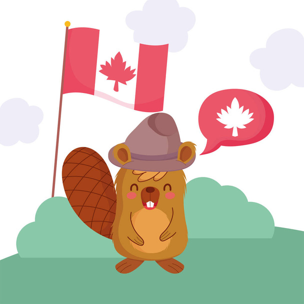 幸せなカナダの日のベクトルデザインの旗とバブルとビーバー - ベクター画像