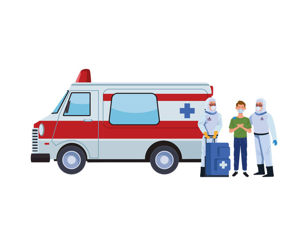 trabalhadores de biossegurança com equipamentos médicos e ambulância
 - Vetor, Imagem