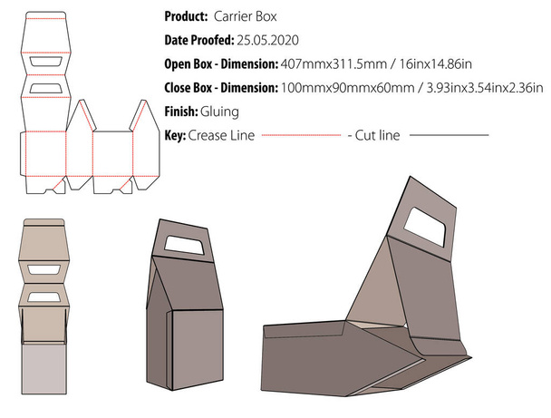 Carrier Box csomagolás design sablon ragasztás összeomlás zár alsó két betakarás gable top die vágott - vektor - Vektor, kép
