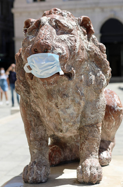 funny Statue of Lion in Venice in Surgical Mask during lockdown by Corona virus in Italy - Photo, Image