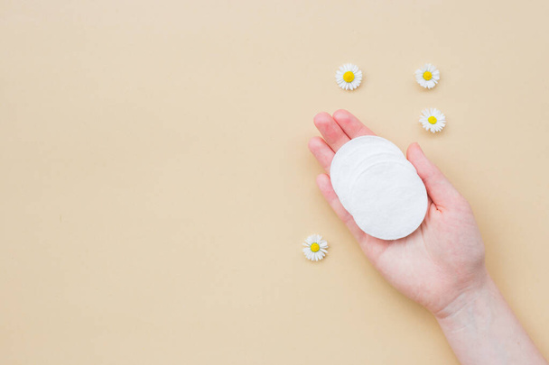 Cotton pads on woman hand and fresh chamomile on a beige background. Flat lay, top view, copy space. - Photo, Image