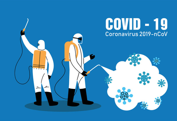 Biyolojik koruma giysisi olan adamlar covid-19 dezenfeksiyonu için - Vektör, Görsel