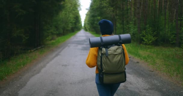 Close up de volta da mulher com mochila andando na floresta outono natureza paisagem viagens clima árvore ao ar livre madeiras câmera lenta
. - Filmagem, Vídeo