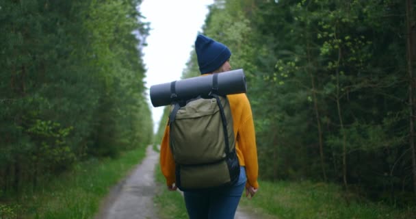 Közelkép vissza a nő hátizsák séta az őszi erdő természet táj utazás időjárás fa kültéri erdők lassított felvétel. - Felvétel, videó