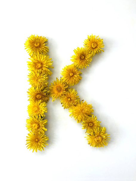 The letter  is made out of dandelion flowers on a white background - Foto, imagen