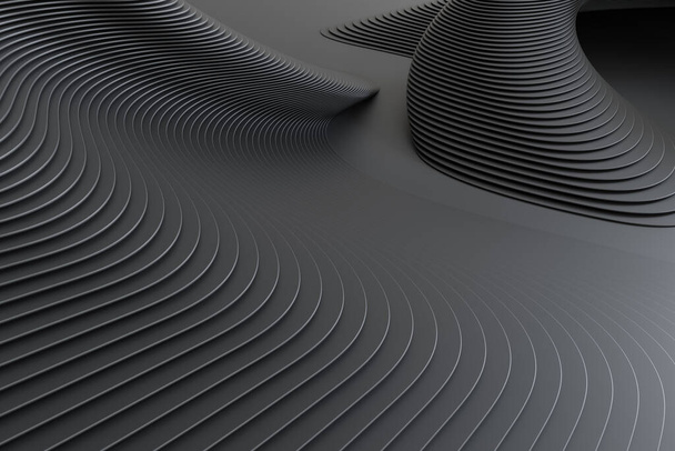 3D renderowanie czarnych abstrakcyjnych zakrzywionych linii na czarnej matowej powierzchni - Zdjęcie, obraz