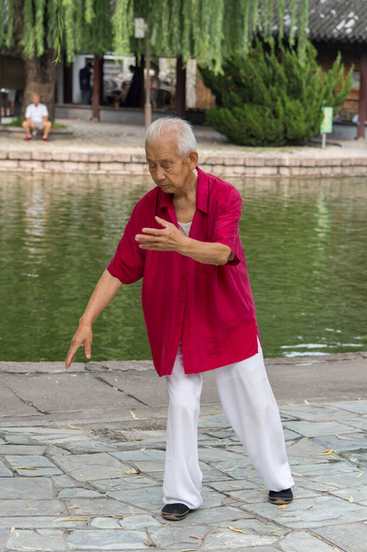 BEIJING / CHINA - July 18, 2015: Elderly man practicing tai chi in Tuanjiehu park, Chaoyang district of Beijing, China - Fotografie, Obrázek