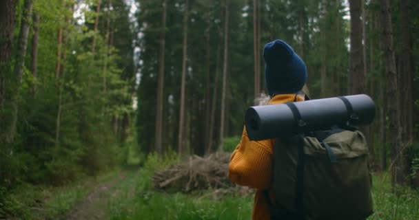 バックパックは、秋の森の自然景観旅行天気ツリーで歩くと女性のバックアップを閉じる屋外の森のスローモーション. - 映像、動画