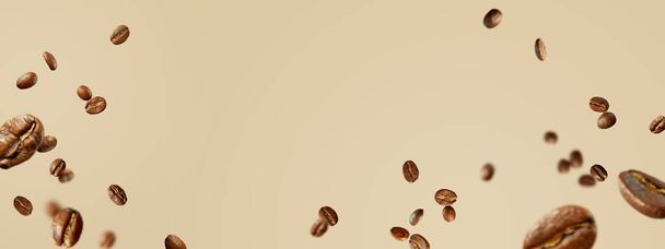 Food Mockup with flying coffee beans. Long banner. - Fotoğraf, Görsel