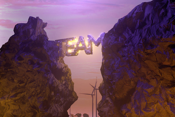 3D рендеринг иллюстрация успеха бизнес-команды и концепции корпоративного коллектива.Текст "TEAM" для моста между двумя скалами с освещением
. - Фото, изображение