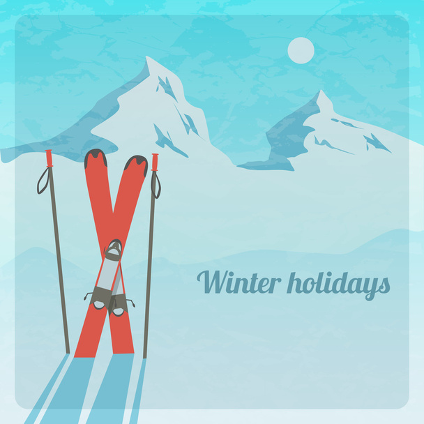 ρετρό εικονογράφηση φορέας με τα χιονισμένα βουνά και σκι - Διάνυσμα, εικόνα