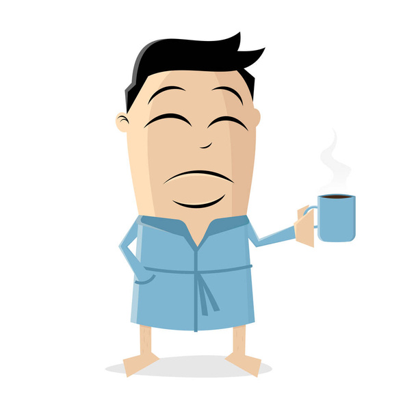 Смешная карикатура на мужчину в халате, держащего чашку кофе
 - Вектор,изображение