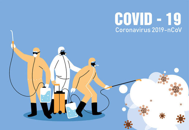 Biyo-koruma giysisi olan insanlar covid-19 dezenfeksiyonu için - Vektör, Görsel