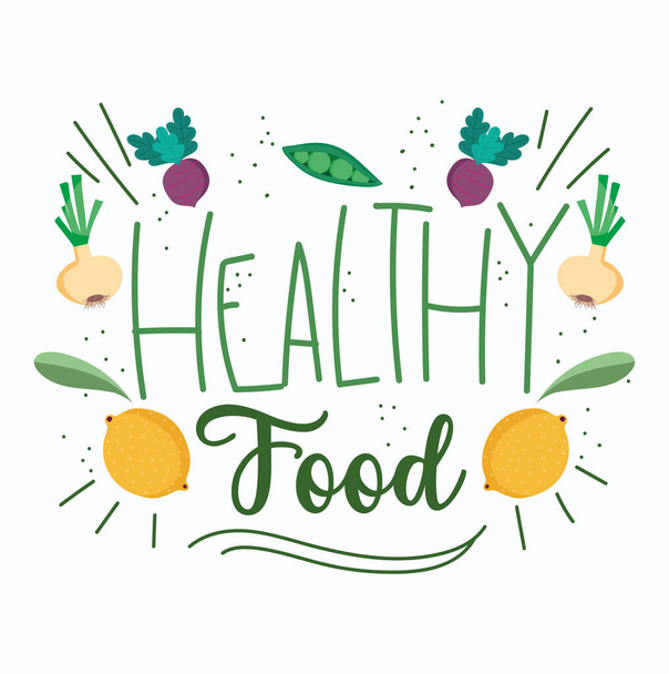 健康食品、新鮮な野菜や果物の有機栄養食のテンプレート - ベクター画像