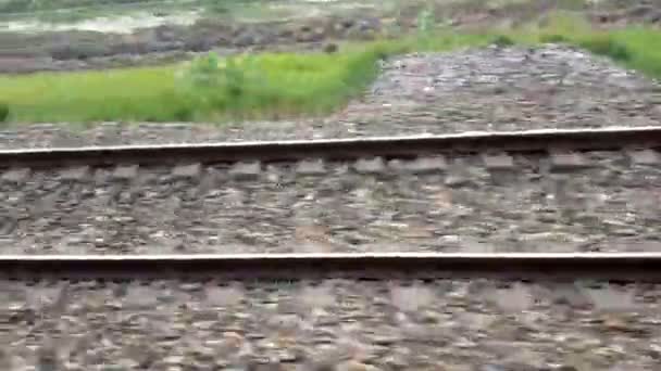 Spoorbaan vanuit een raam van snelrijdende trein in daglicht - Video