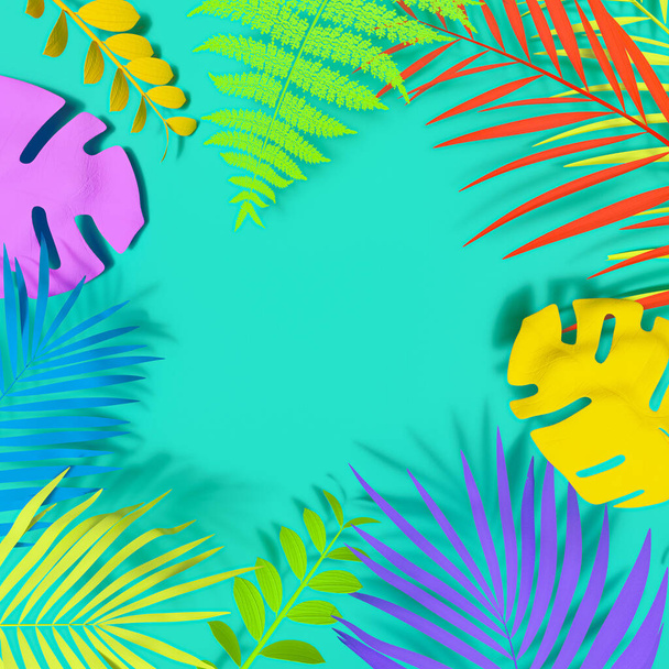 Exotic plants in bold rainbow colors. Tropical layout mockup. Background with painted leaves. Minimal colorful jungle concept art. 3D Render. - Photo, Image