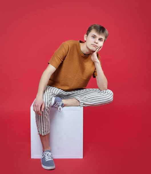 The young guy shows various emotions. Talented portrays the inner state and mood. Concept of advertising with free space for text - Fotoğraf, Görsel
