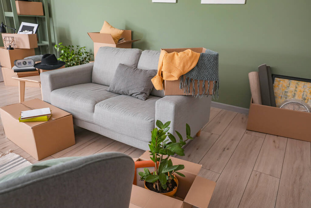 Cardboard boxes with belongings and sofa in new flat on moving day - Photo, Image