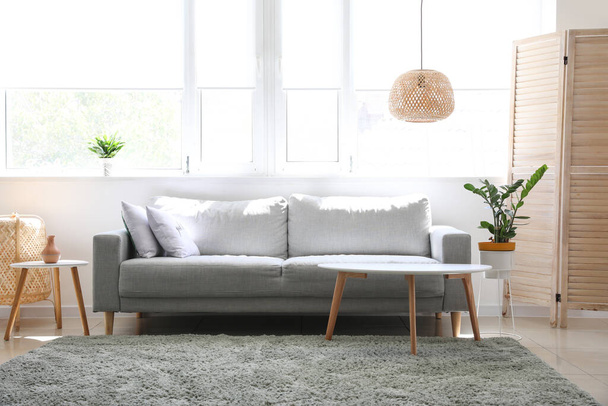 Stylish interior of living room with sofa and lamp - Фото, изображение