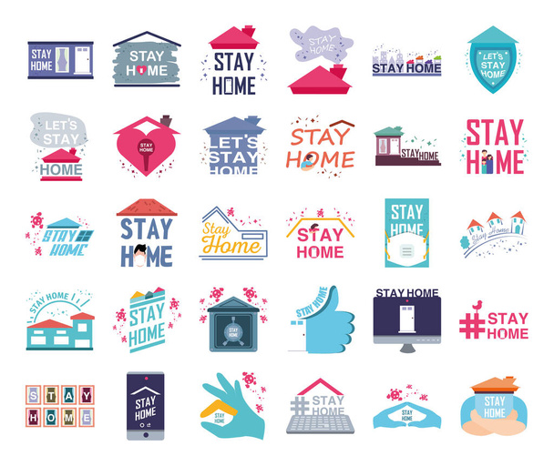 set of icons campaign stay at home, coronavirus prevention - Vector, Image