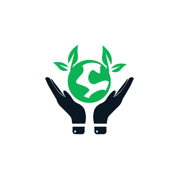 Groene wereld logo, Veilige wereld op hand icoon vector - Vector, afbeelding