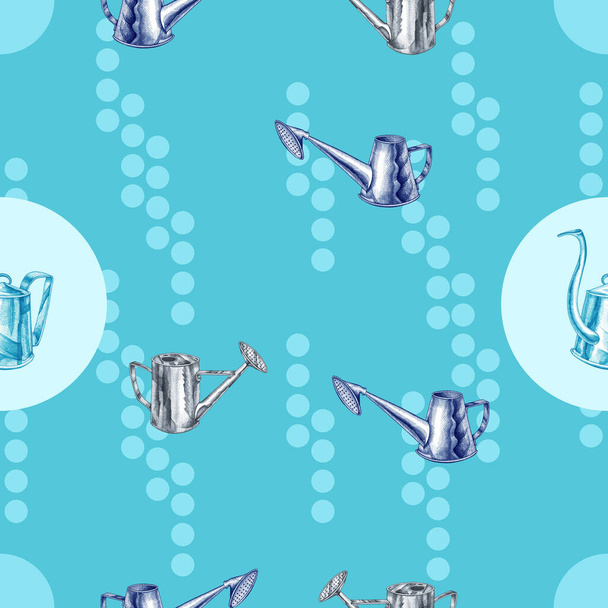 Seamless pattern blue watering cans. - Фото, изображение