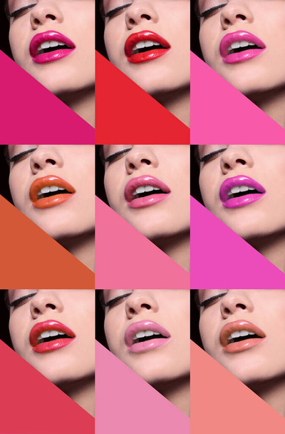 Young woman with different color lipsticks, collage - Valokuva, kuva