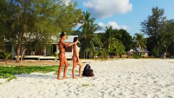 Zwei junge Freundinnen stehen an der Sandküste, sonnen sich und unterhalten sich. Ein Mädchen schmiert Sonnencreme auf ihre Freundin. Schöne Frauen ruhen sich auf tropischem Resort aus     - Filmmaterial, Video