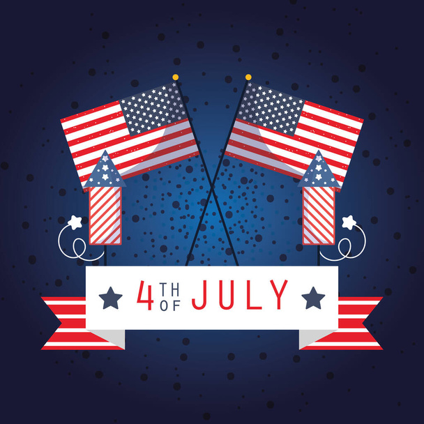 Usa vlaggen met 4 juli lint en vuurwerk vector ontwerp - Vector, afbeelding