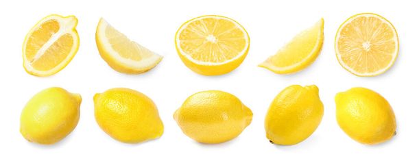 Set of delicious lemons on white background. Banner design - Fotoğraf, Görsel
