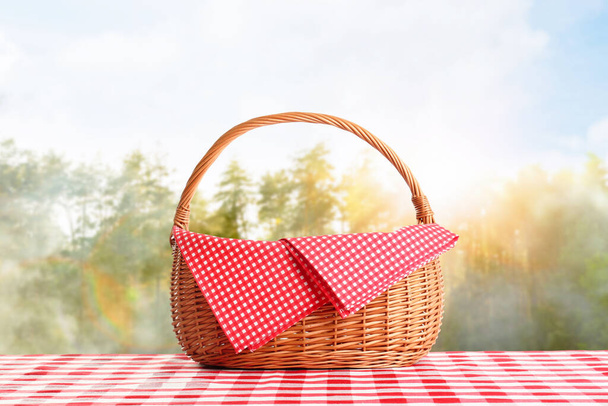 Piknik kosár kockás abroszon ködös erdőben - Fotó, kép