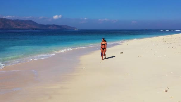 mujer en bikini caminando con equipo de aletas en la playa de verano  - Metraje, vídeo
