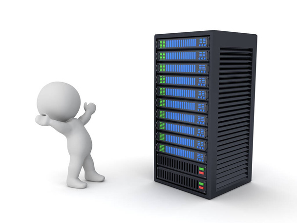 3D Character looking excited at server rack. 3D Rendering isolated on white. - 写真・画像