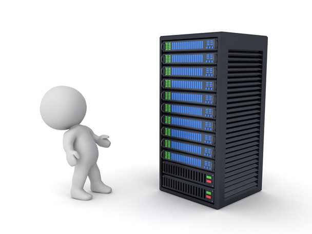 3D Character looking up at big server rack. 3D Rendering isolated on white. - 写真・画像