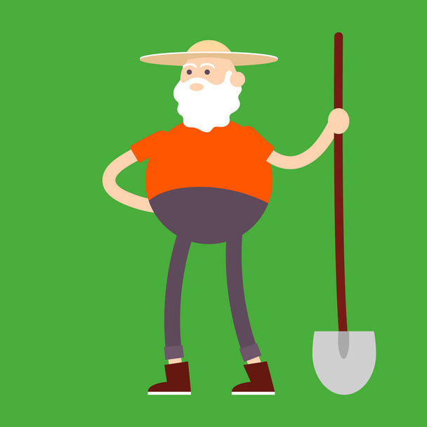 Old farmer holding shovel. Color vector flat cartoon icon isolated on green - Διάνυσμα, εικόνα