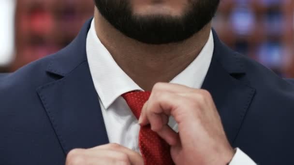 Γενειοφόρος άντρας χέρια διορθωμένο κόκκινο γραβάτα σε ένα λευκό πουκάμισο - Πλάνα, βίντεο