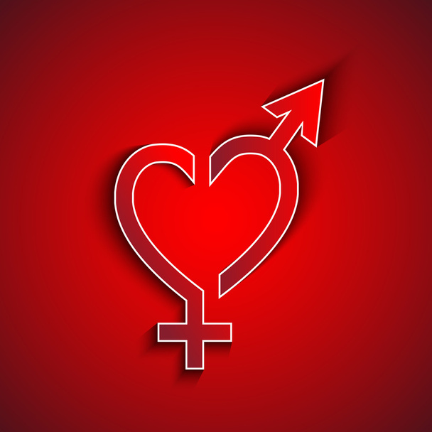 赤い背景のグリーティング カードに影付きのペーパー男性と女性のセックス シンボルのコンセプト - 写真・画像