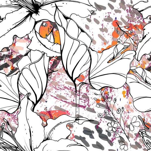 Floral Black White Pattern. Modern Watercolor - Διάνυσμα, εικόνα