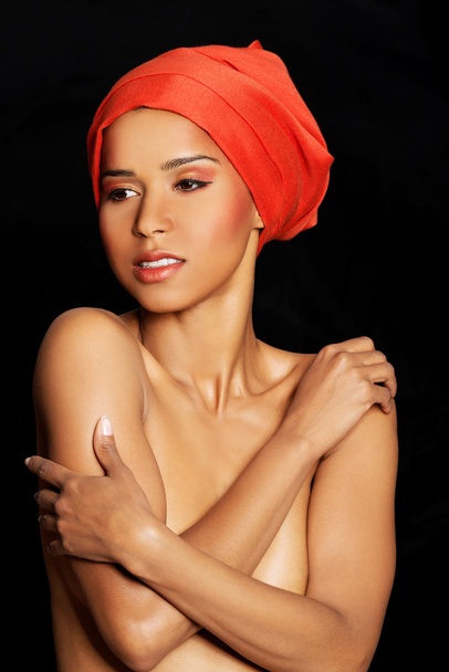 Attractive woman's bust in turban. - Foto, Imagem