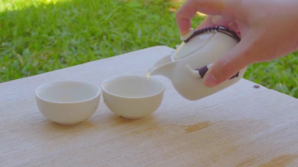 Kiinalainen nainen käsi kaatamalla kiinalaista teetä seremonia puerh teetä - Materiaali, video