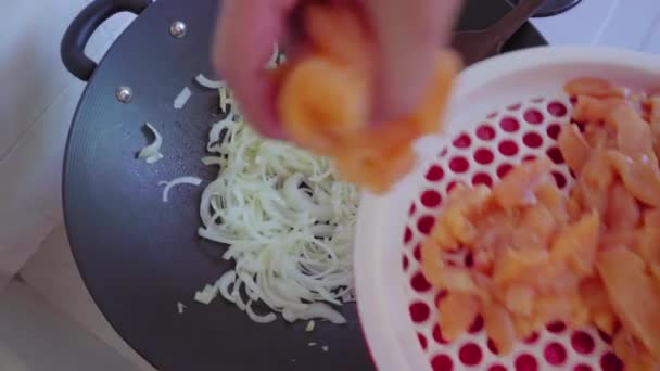 donna che cucina pollo con cipolle grandi - Filmati, video