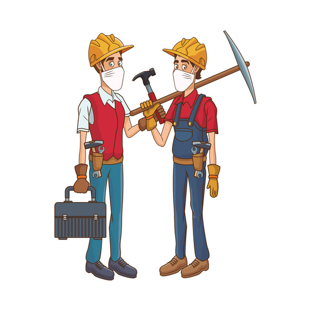 строители пара с использованием медицинских масок и инструментов
 - Вектор,изображение
