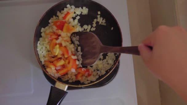 Filmato di cipolle e pomodori fritti in padella - Filmati, video