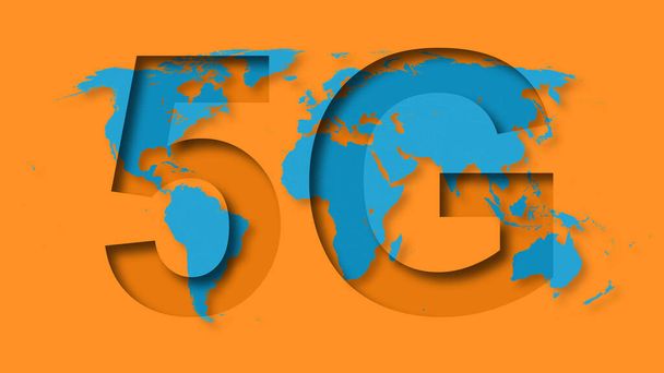 5G con efectos de sombra en el mapa mundial. Colores fuertes y gran contraste entre azul y naranja. Nuevos protocolos, comunicaciones móviles celulares. Conectividad de red. inalámbrico
. - Foto, Imagen