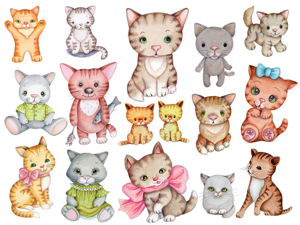 Adorables gatos y gatitos. Conjunto de lindos animales de dibujos animados para niños. Ilustraciones de acuarela dibujadas a mano, aisladas sobre fondo blanco
. - Foto, imagen