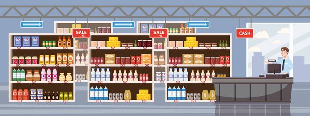 Big Shop Super Market Shopping Mall Innenraum Laden in Regalen mit Milchprodukten Kasse. Cartoon Flat Vector Illustration - Vektor, Bild